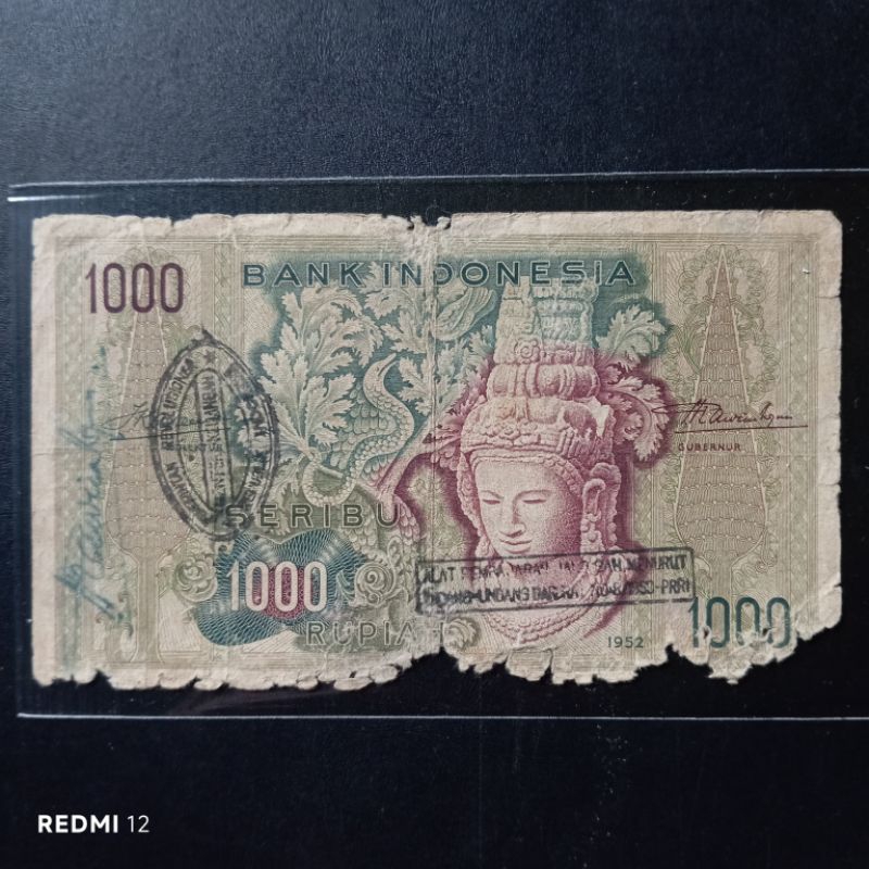 kertas kuno 1000 rupiah seri budaya tahun 1952 bekas asli jelek