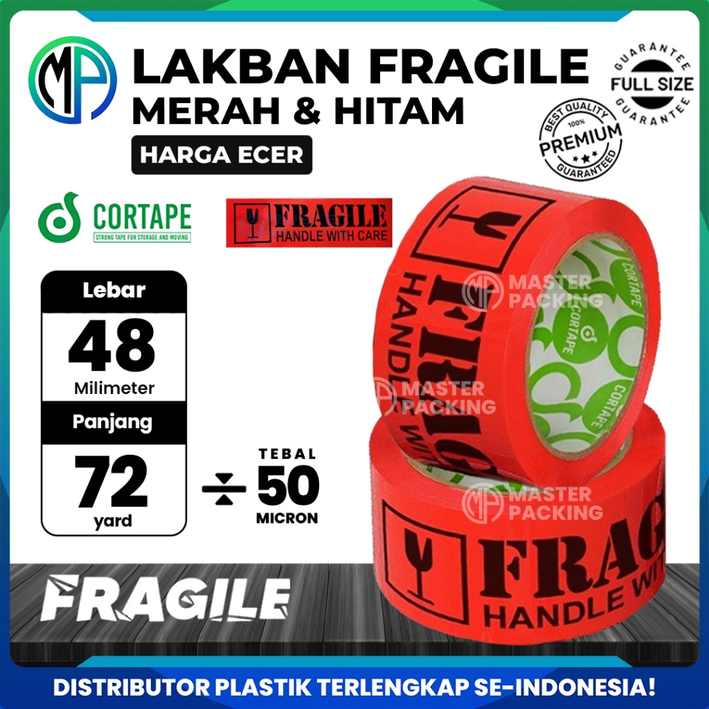 

Lakban / Selotip / OPP Tape Printing Fragile Hitam Merah Rusfet 2inch 48mm x 72yard Harga Satuan