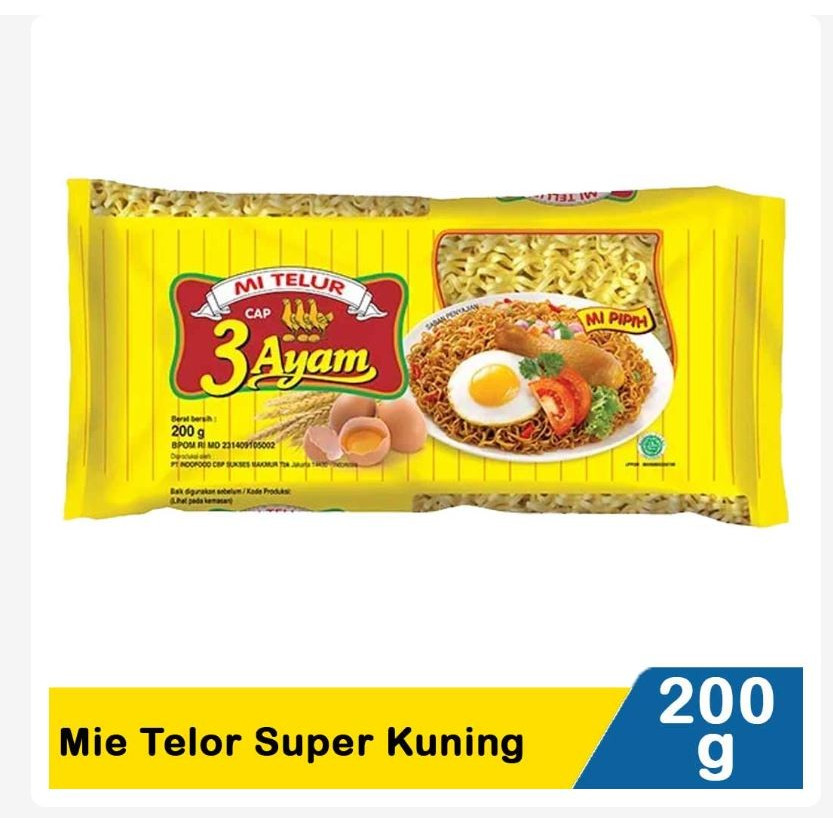 

3 AYAM MIE TELOR KUNING PACK 200GR - PER KARTON ( ISI 20 PCS )