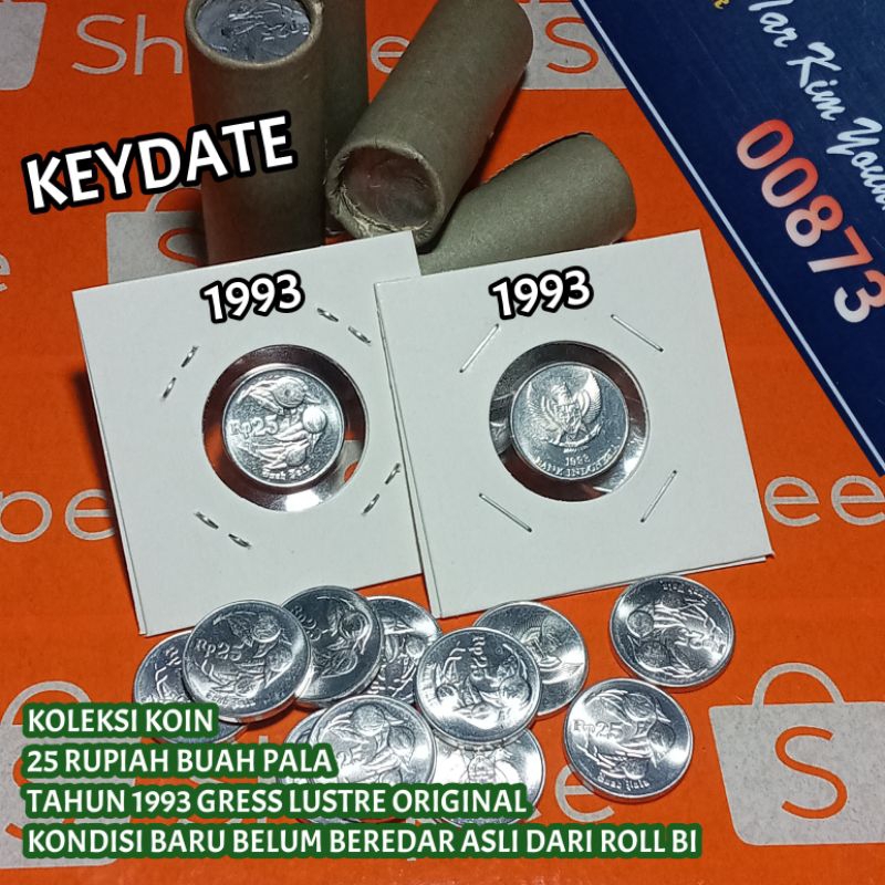 UKI093Coin 25 Rupiah (Buah Pala) Thn 1993 Keydate Gress Lustre Original