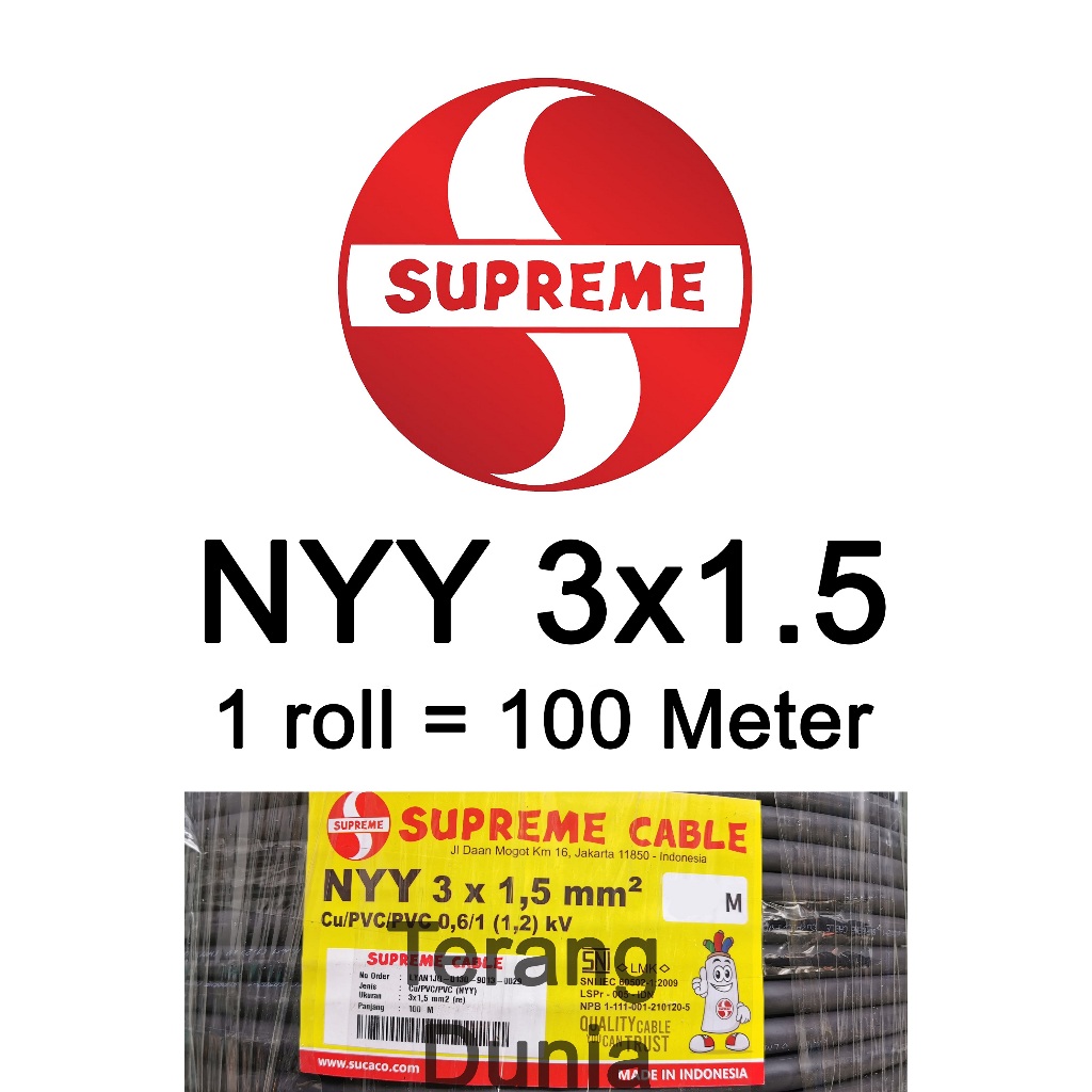 Kabel Supreme NYY 3x1.5 100meter Kabel NYY 3x1.5 Supreme 100meter Kabel Outdoor Hitam Tunggal 3x1.5