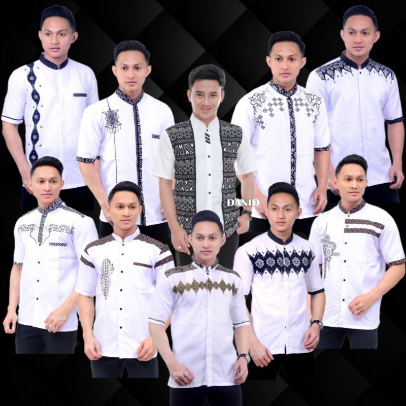 Baju Koko Putih Batik Pria Dewasa Seragam Lengan Pendek Kombinasi Bordir
