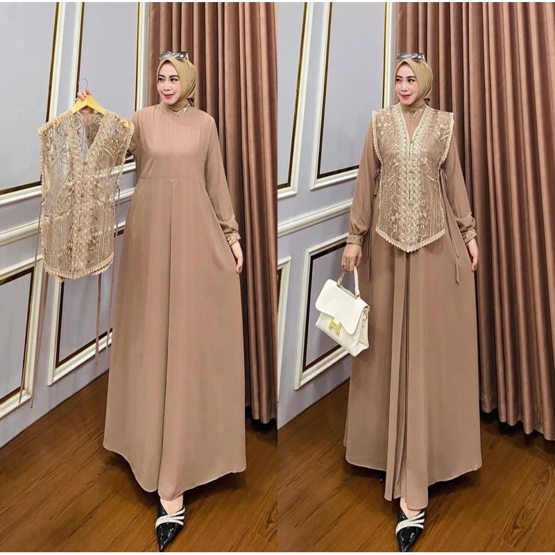 (COD) Lora Maxy Dress Gamis Ceruty Babydoll Full Puring Mix Brokat Plus Renda Terbaru / Gamis lebara