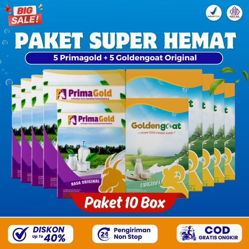 

PAKET MIX 10 BOX PRIMAGOLD/ PRIMA GOLD DAN GOLDENGOAT SUSU KAMBING ETAWA BUBUK ORIGINAL MURAH ATASI SESAK NAFAS NYERI SENDI TULANG LUTUT PUNGGUNG REUMATIK