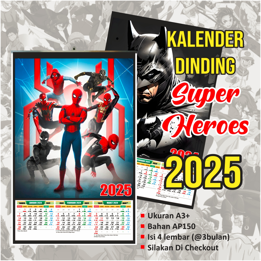 

Kalender Dinding Wall Calender Super Heroes 2025 Isi 4 Lembar AP150 Ukuran A3+