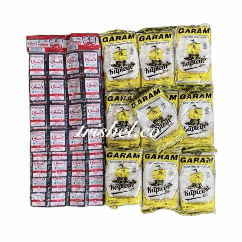 

[paket promo 10pcs garam+80pcs sasa micin]10pcs garam halus kemasan 100gram+80pcs sasa micin penguat masakan paket promo bumbu masak