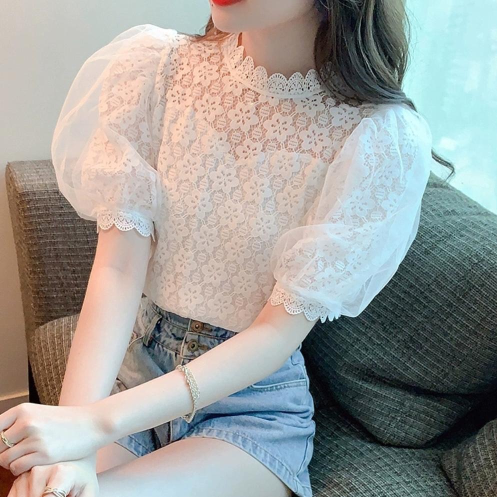 Blus Wanita Lengan Puff Lace Import - Atasan Lengan Mengembang Renda