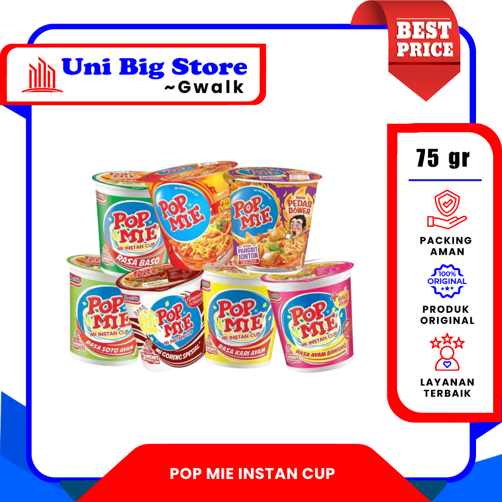 

POP MIE MI INSTAN CUP GELAS GORENG - SOTO - AYAM BAWANG - BAKSO - KARI - PEDAS DOWER AYAM PEDAS - PANGSIT JONTOR - 75 gr