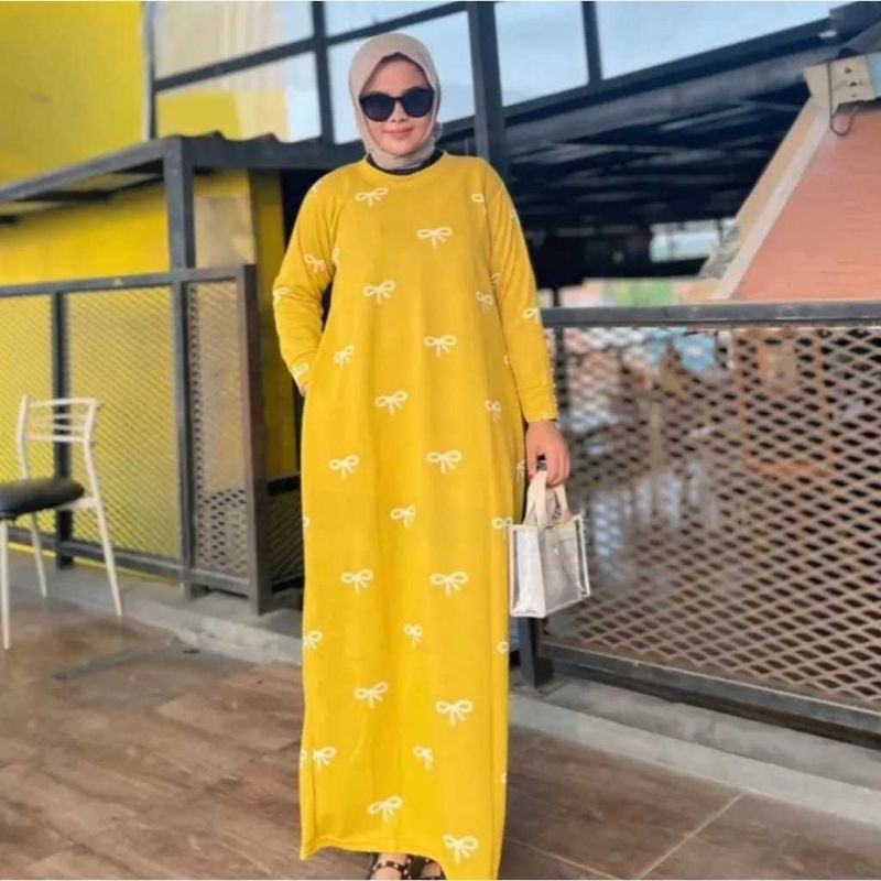 Free 1 - Gamis Muslim Knit Sindoro Motif Pita Lengan Panjang Gamis Lebaran Fashion Harian