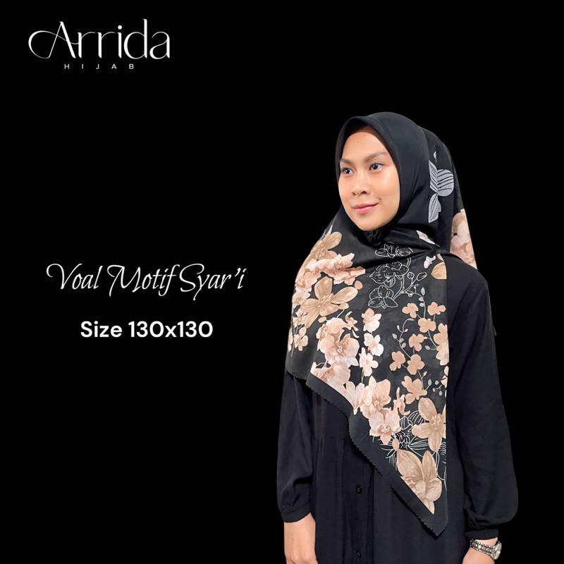 Segiempat Voal Motif Syar’i Hitam 130x130 ( FREE POUCH ) / Kerudung Motif Syar’i / Hijab Motif Syar’