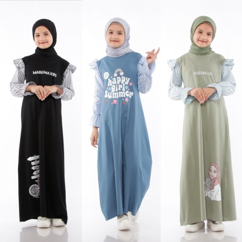 Gamis Anak Perempuan Muslim Bahan Katun Kaos Dress Anak Tanggung Umur 4 - 14 Tahun