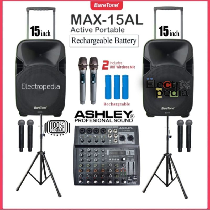 Paket Sound System Karaoke Speaker Portable 15" Baretone Max15AL Mixer 4ch Ashley Mic Wireless Vokal