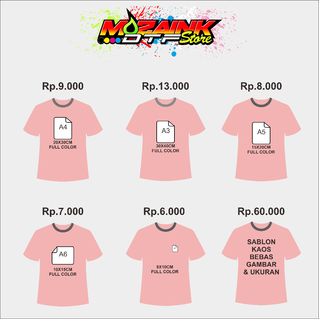 custom DTF Sablon Satuan Sablon Setiker A3 A4 A5 A6 A7 Sablon Satuan Sablon Setrika