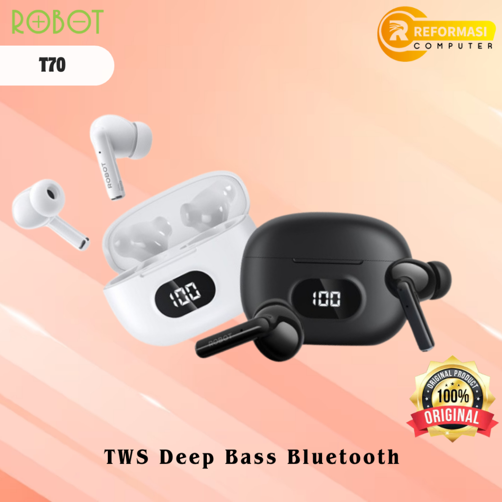 ROBOT Earphone Wireless TWS Robot Earphone Airbuds T70 Original TWS Deep Bass Bluetooth