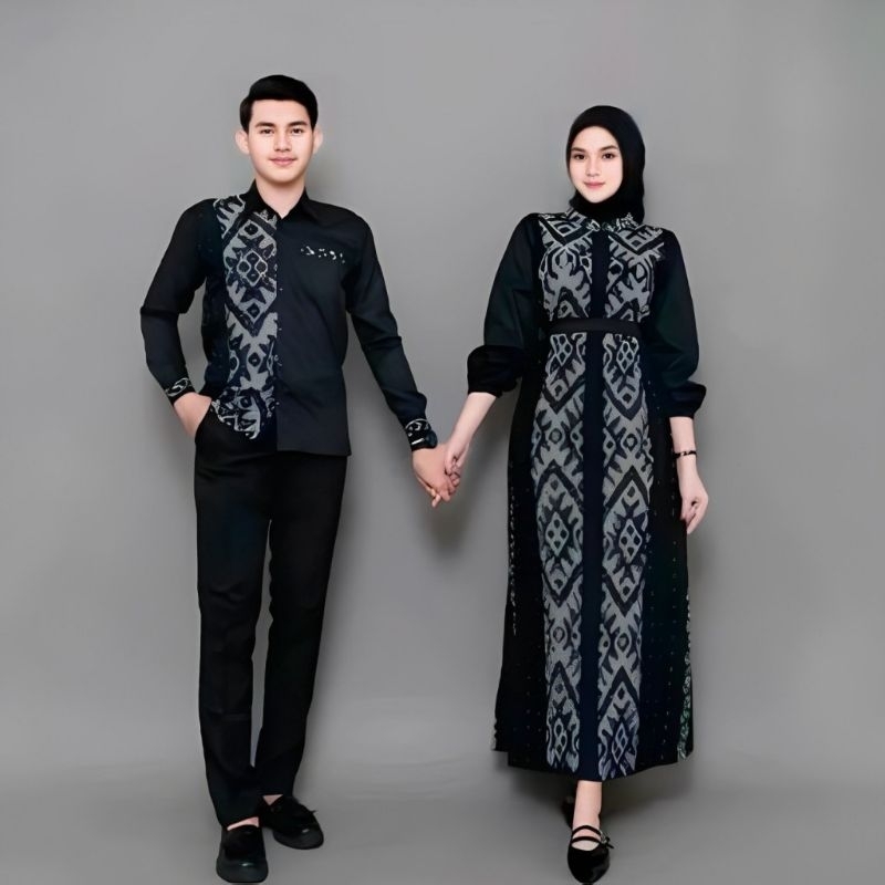 Setelan Gamis tenun Couple tenun belvia hitam Gamis tenun murah Couple tenun kondangan terbaru kemej