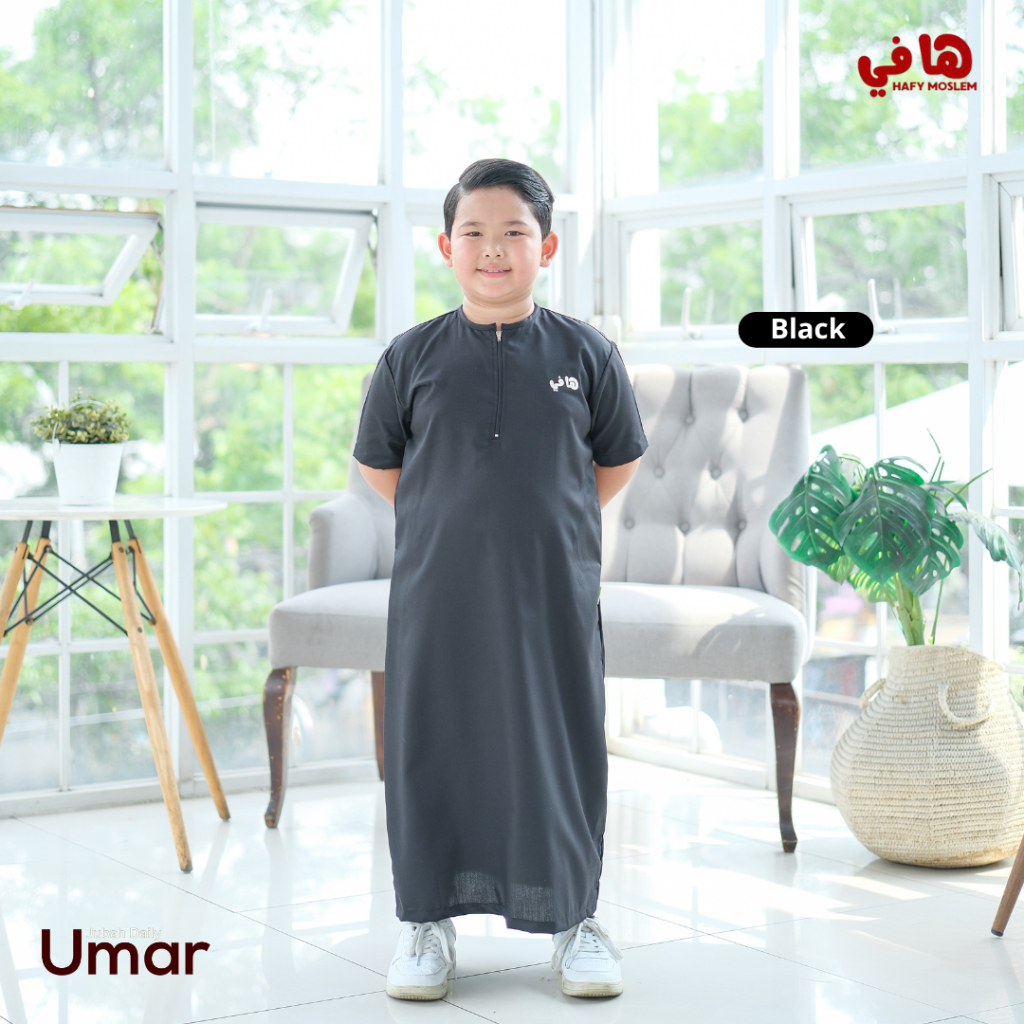 Hafy Moslem Kids - Jubah Anak Polos COWOK Lengan Pendek UMAR Warna Hitam Deluxe 2-11th{FREE PECI)