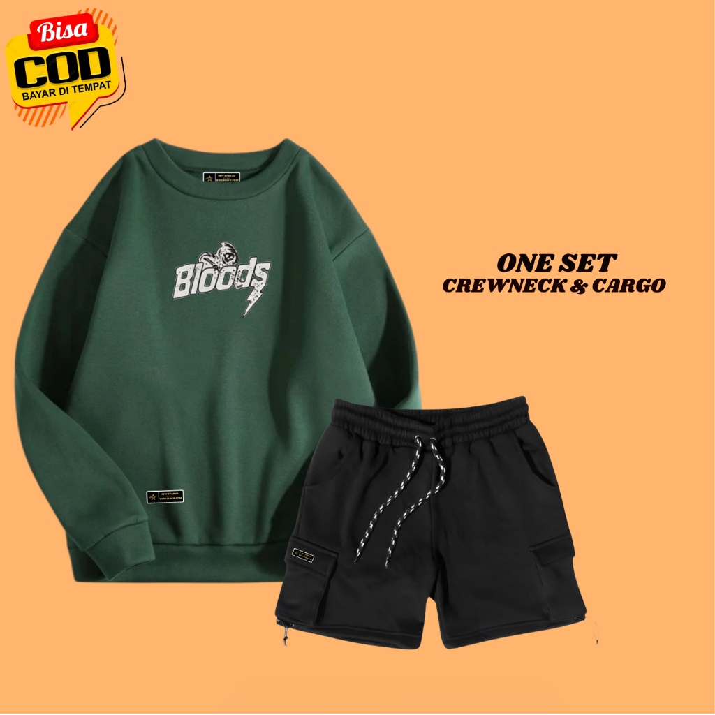 Setelan Hoodie Crewneck Celana Pendek Cargo Cowok Cewek Original Authentic Warna Hijau Army Motif Bl