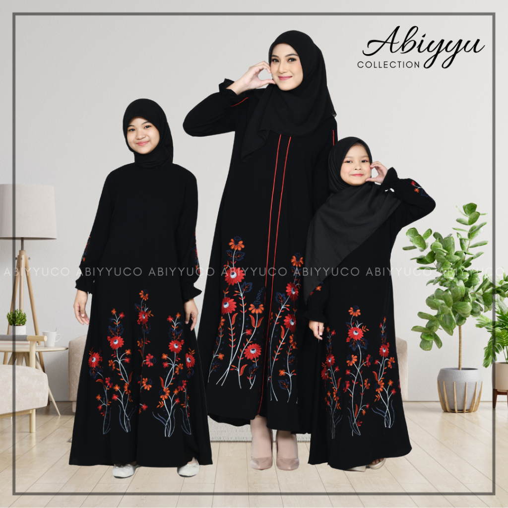 Abiyyuco TA9063A | Abaya Turki Hitam Couple Ibu Dan Anak Perempuan Baju Gamis Turkey Remaja Tanggung