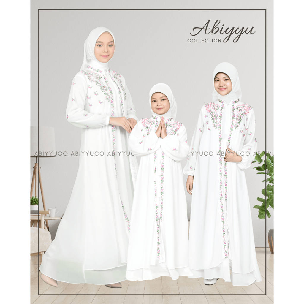 Abiyyuco TA9051 | Gamis Couple Ibu Dan Anak Ceruty Babydool Putih Tulang Premium Bordir Bunga Ceruti