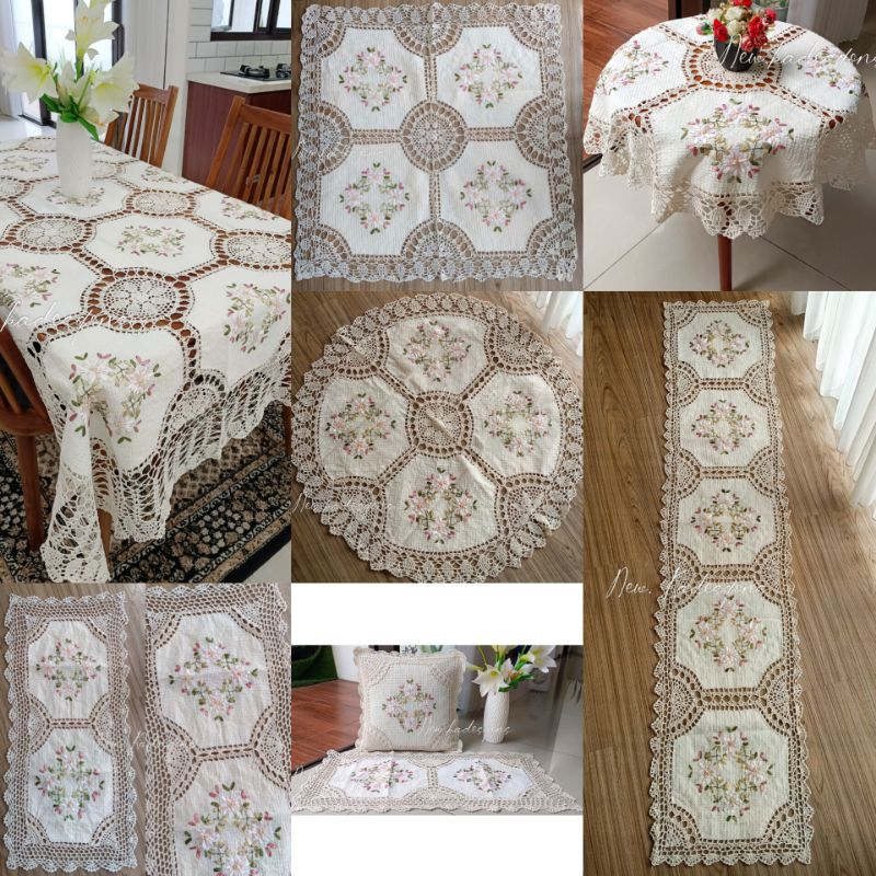 taplak Meja rajut sulam pita. sarung bantal kursi set taplak meja tamu premium. Taplak runner putih 