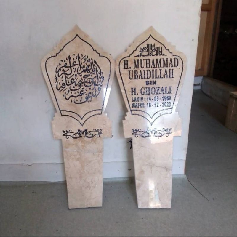 BISA COD ✅ BATU NISAN TANCAP MARMER 23 × 60 cm SEPASANG (NAMA&KALIGRAFI DO'A) + FREE PACKING KAYU