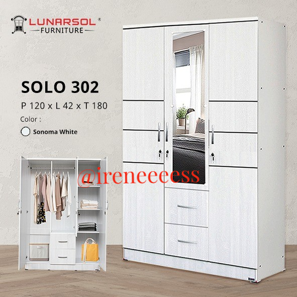 [ GANTUNGAN GAMIS ] LEMARI PAKAIAN 3 PINTU FULL PUTIH / LEMARI BAJU DENGAN 2 LACI LUAR LUNARSOL SOLO