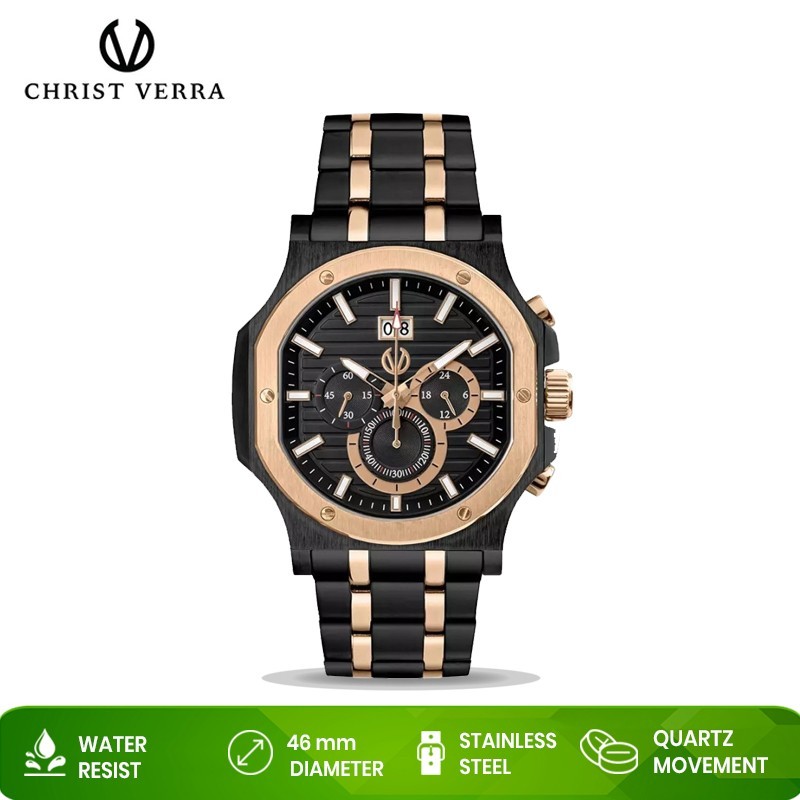 Jam Tangan Pria Christ Verra CV 12202G-18 BLK Black Rosegold Original Resmi