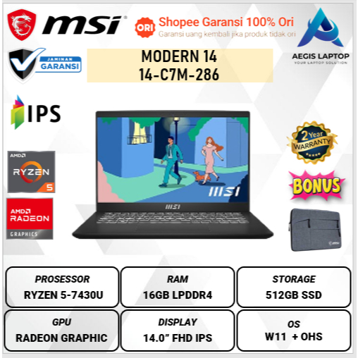 MSI Modern 14 Ryzen 5 7430 16GB 512GB W11 OHS 14" FHD IPS