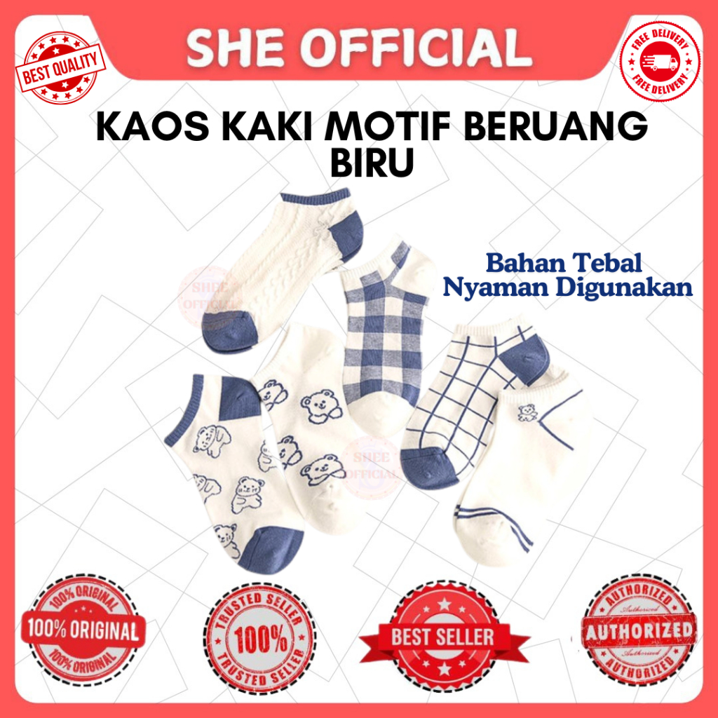 Kaos Kaki Wanita Pendek Premium Tebal - Kaos Kaki Import Wanita Murah Kaos Kaki Motif Beruang Biru