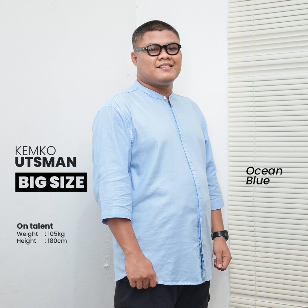 Baju Koko Jumbo Big Size XXL 3XL 4XL 5XL Katun Linen Lengan 3/4 Utsman Biru Bhirama