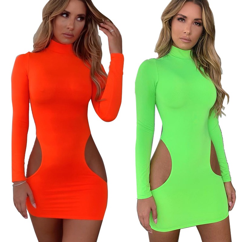 GATTTA Dress Sexy Turtleneck Hijau dan Orange Neon / Summer Neon Color Turtleneck Party Dress