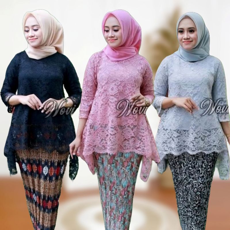 COD Set Kebaya Brokat Rinjani Modern / Kebaya Kartini Kekinian + Rok Plisket Batik / Atasan Baju Keb