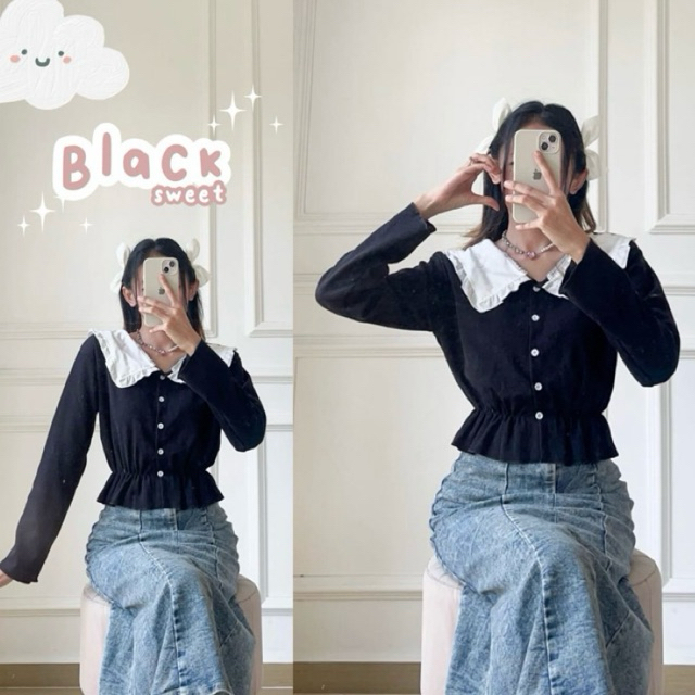 KITTY TOP RUFFLE - Atasan Blouse Kerah Rib Korea Ruffle / Blouse Wanita Kerah Crop Top