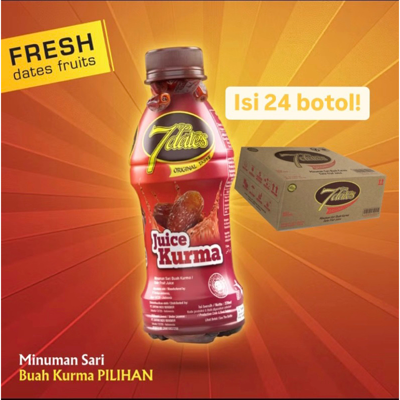 

SPECIAL PROMO..! Jus kurma original 7dates tanpa gula tanpa pengawet 1 dus (isi 24 botol) kemasan 220ml