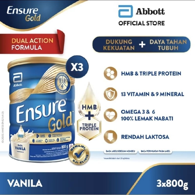 

3 x 800gr Ensure Gold HMB Vanila (Free Bubble Wrap+Kardus) - Nutrisi Dewasa Rendah Laktosa
