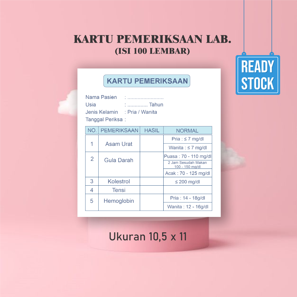 

Kartu Pemeriksaan Lab , Kartu Kontrol , Kartu Laboratorium - Kartu Pemeriksaan Laborat (kadar gula, tensi, asam urat, kolestrol, hemoglobin)