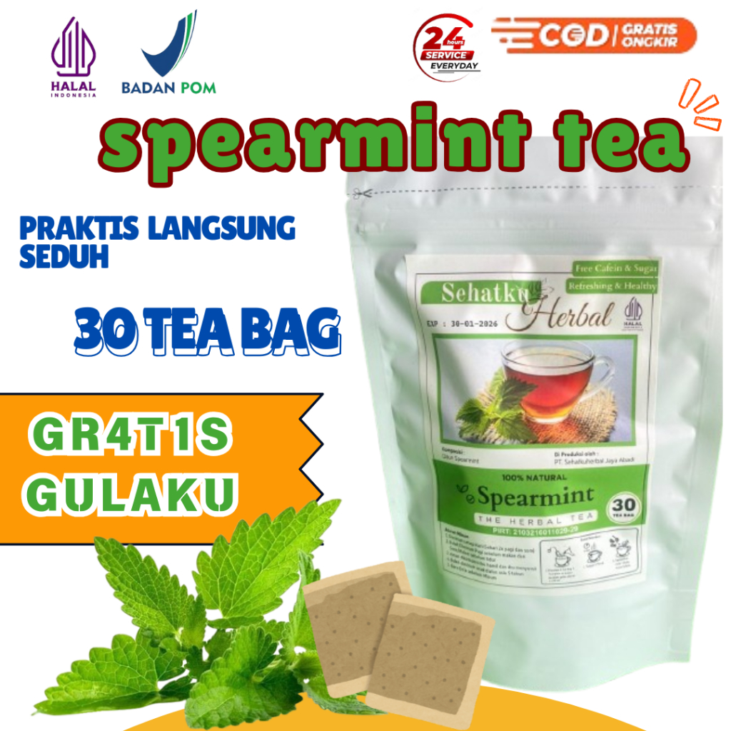 

[gratis gulaku] spearmint tea kemasan siap seduh untuk imunitas, jerawat dan beruntusan isi 30 tea bag