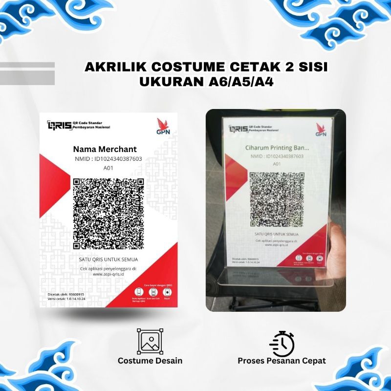 

Akrilik QRIS Barcode Costume Desain Ukuran A5/A6/A4 Cetak 2 Sisi