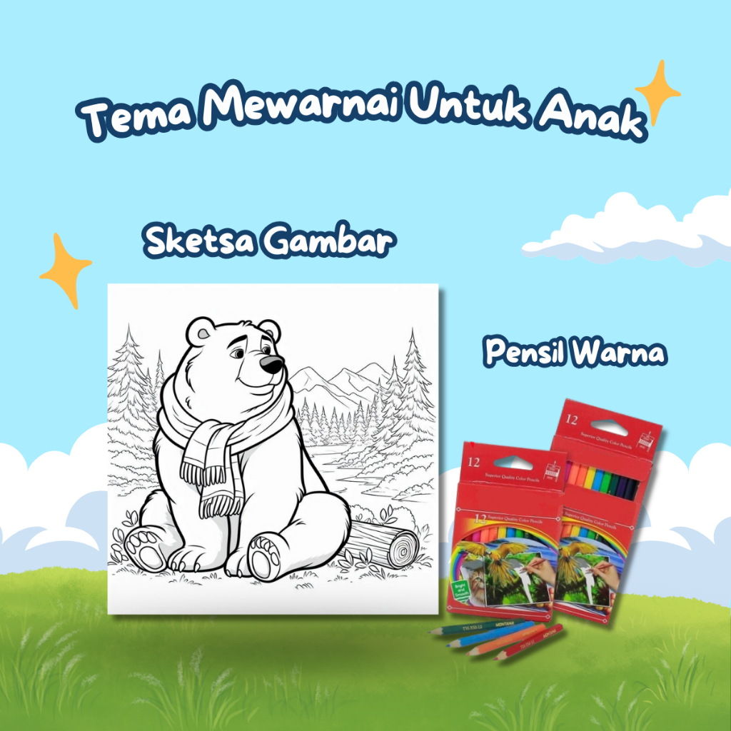 

Kertas Gambar Mewarnai Untuk Anak Tk & Paud Tema : Beruang Isi 20 Lembar Mewarnai + Pensil Warna