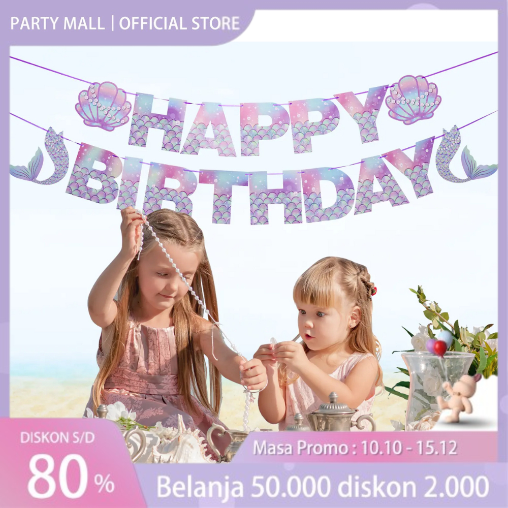 Banner Happy Birthday Motif Mermaid Lucu Backdrop Ulang Tahun Anak Dekorasi Pesta Ulang Tahun