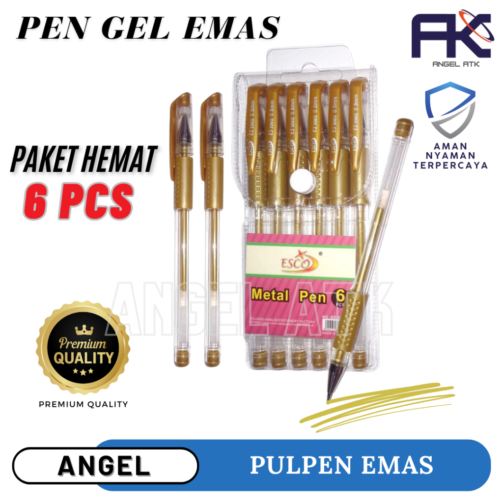 

Paket Isi 6 Pcs Pulpen Gel Emas / Pulpen Esco / Pena Tinta Emas / Tinta 0.8 Mm / Gold Colour / Pulpen Murah / Cash On Delivery / Atk Blessing