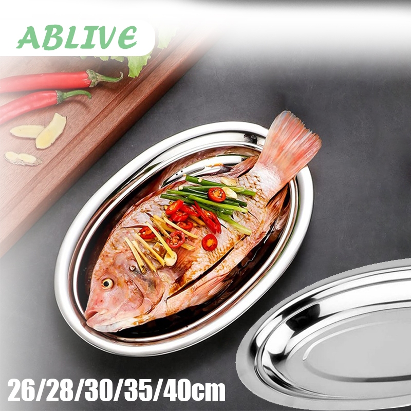 Piring Saji Oval Stainless Steel Tebal Nampan Oval Untuk Kukus Tim Ikan Sate Sayuran Piring Shusi