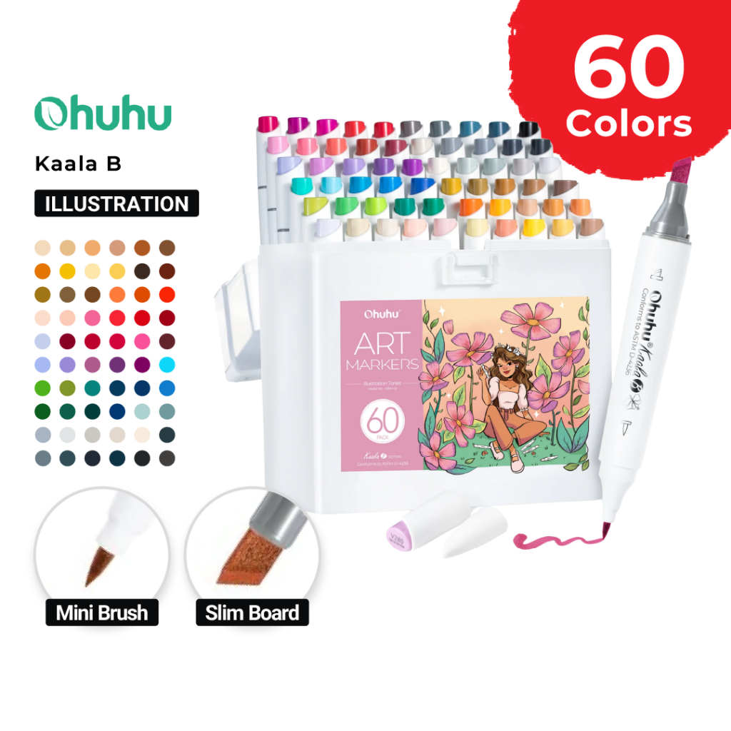 

OHUHU Kaala B 60 Colors Dual Tip Slim Broad & Mini Brush Alcohol Art Marker