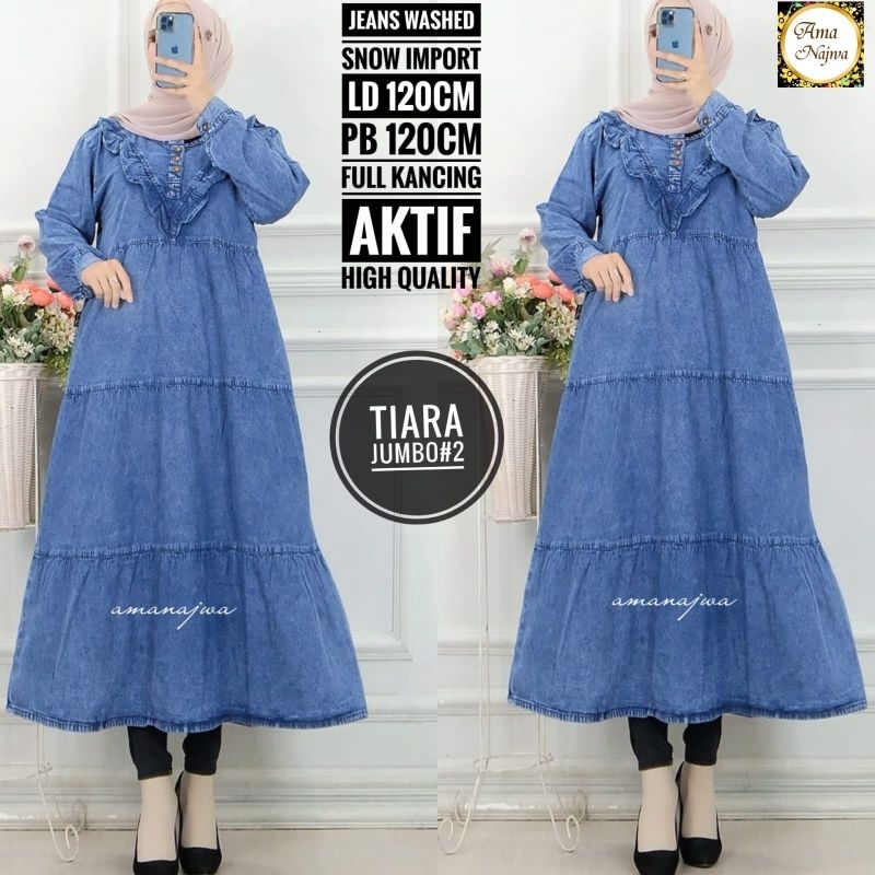 --kyi.fashion-- Tiara Midi Dress Wanita motif polos bahan jeans Ld 120 Premium