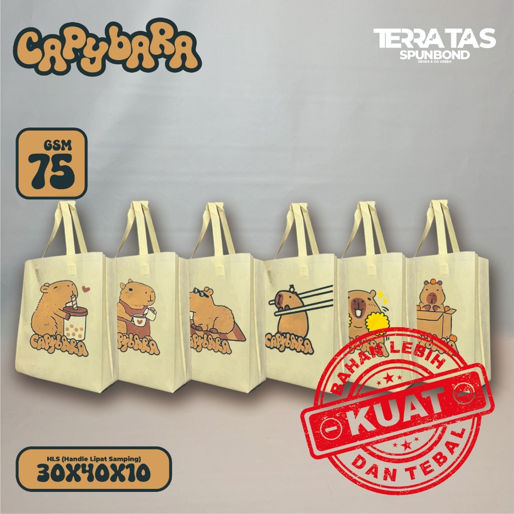 

Premium Special Edition Tas Spunbond Goodie Bag Kain Capybara 75 GSM 30x40x10 Cream