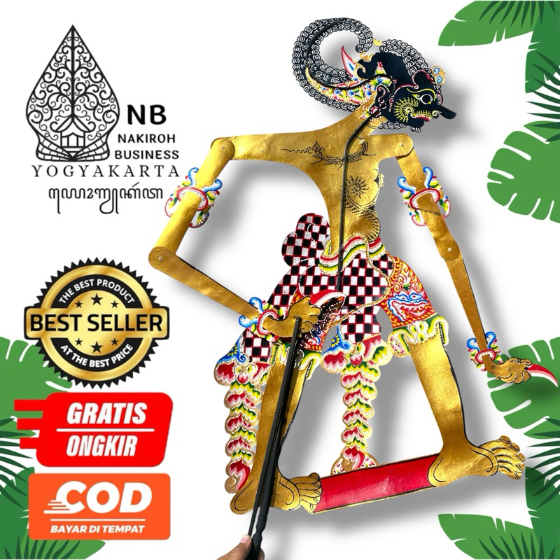 NAKIROHBUSINESS Wayang Kulit sapi ASLI Werkudara Bima Jumbo 70 cm Tatah Sungging Detail Halus Standa