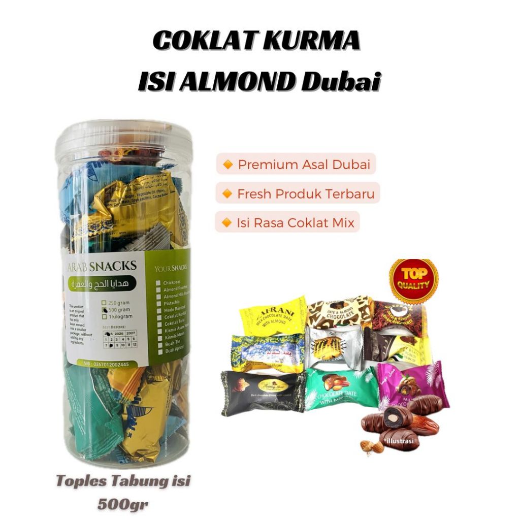 

COKELAT KURMA ALMOND 500gr Dates Almon With Chocolate Dubai Premium Coklat Date Kacang Almon Arab