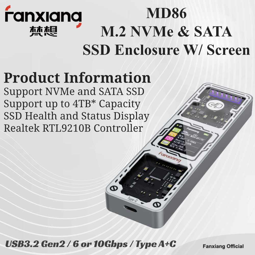Fanxiang M.2 SSD Enclosure NVMe and SATA With Smart LCD Screen - MD-86