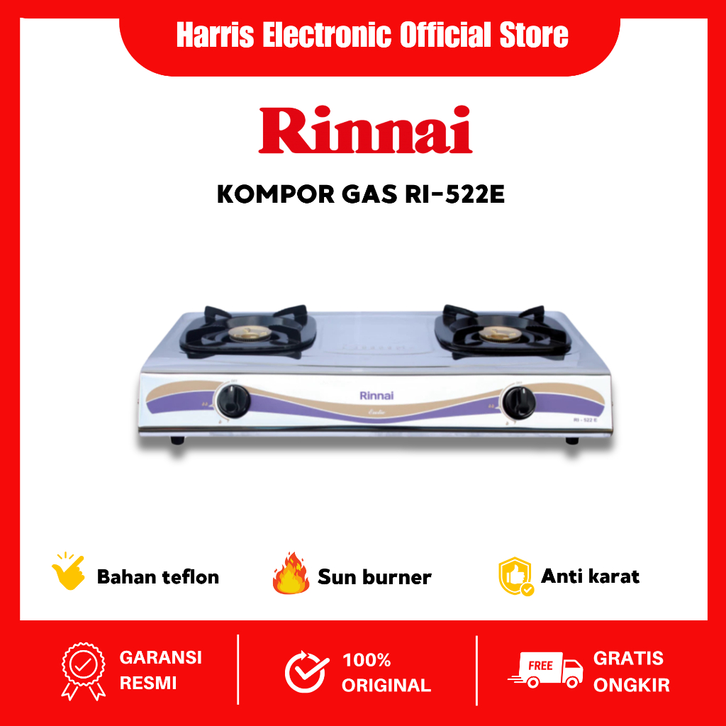 (COD) Rinnai Kompor Gas 2 Tungku RI-522 E Bahan Stainless Garansi Resmi Original