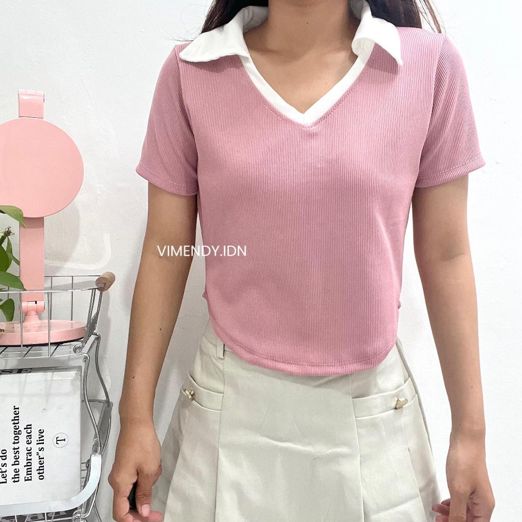 Esme Polo Knit Top | Polo Crop Kerah V Neck Vimendy